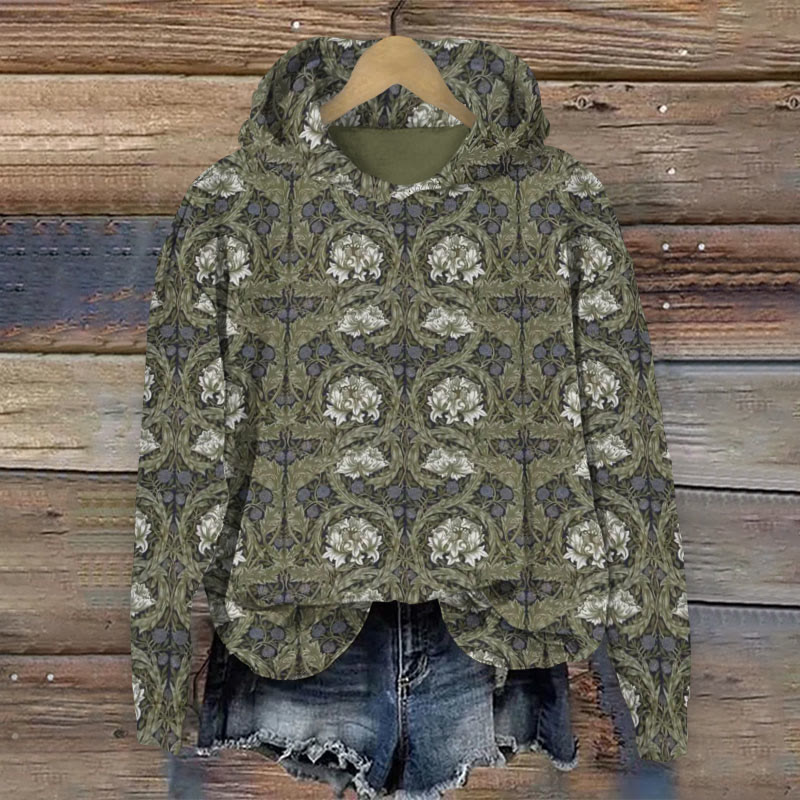 Vintage Ethnic Floral Art Print Long Sleeve Hoodie - Green - 8XL - image 1