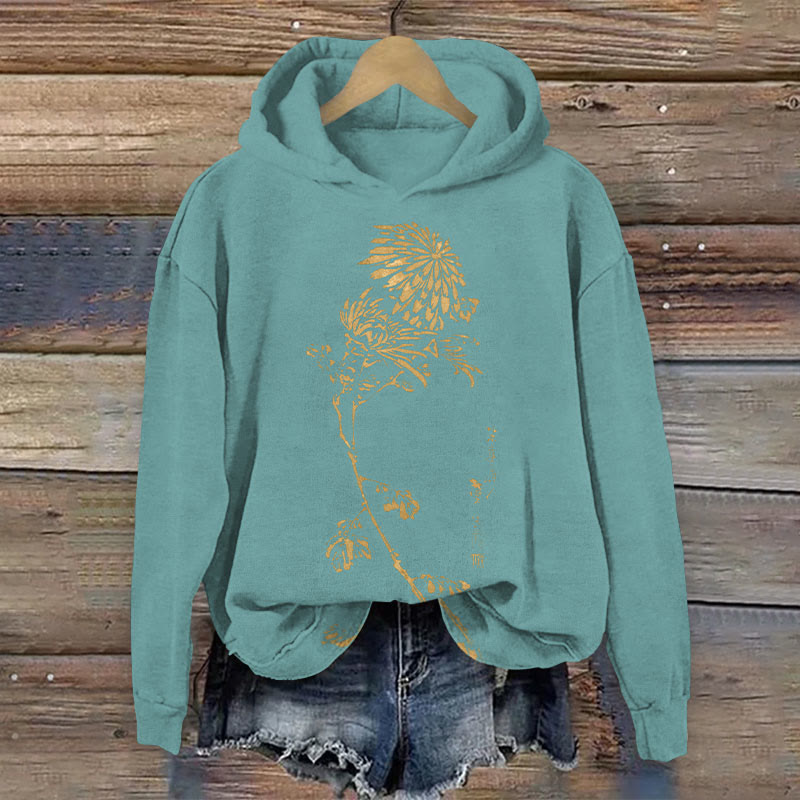 Retro Japanese Chrysanthemum Print Long Sleeve Hoodie - Blue - 8XL - image 2