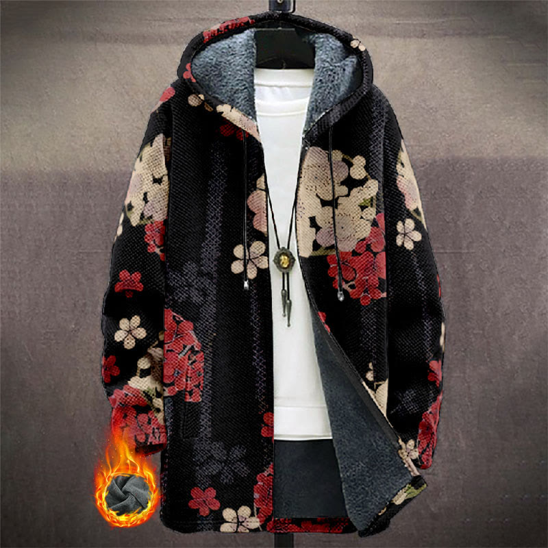 Retro Sakura Blossom Art Print Unisex Plush Thick Long-sleeved Fleece Jacket Coat - Black - 5XL - image 1