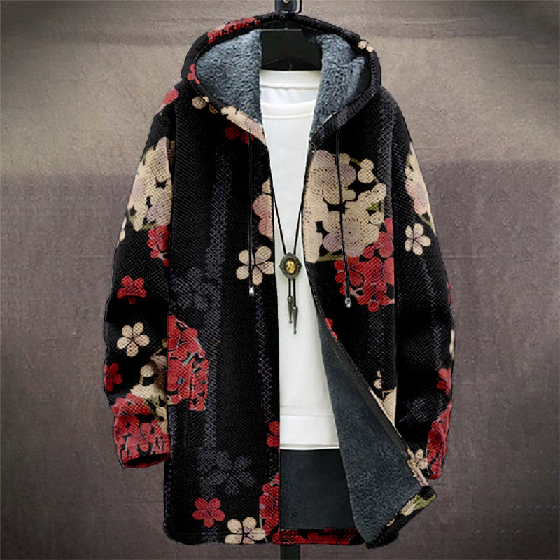 Retro Sakura Blossom Art Print Unisex Plush Thick Long-sleeved Fleece Jacket Coat - image 2
