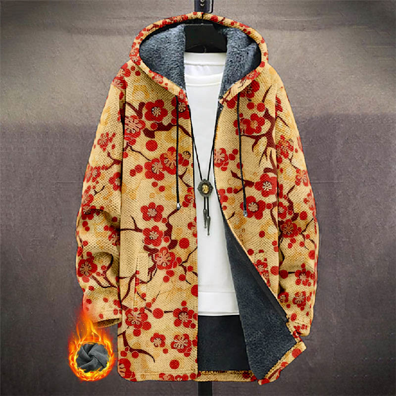 Vintage Watercolor Red Sakura Art Print Unisex Plush Thick Long-sleeved Fleece Jacket Coat - Yellow - 5XL - image 1