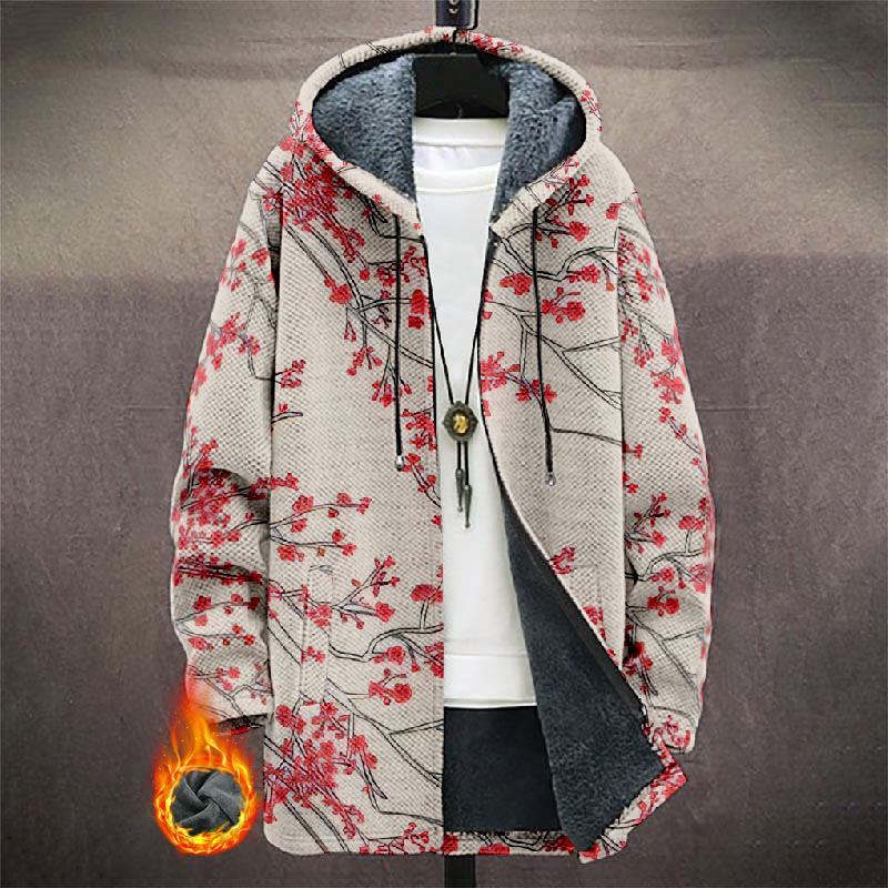 Retro Watercolor Plum Blossom Art Print Unisex Plush Thick Long-sleeved Fleece Jacket Coat - Apricot - 5XL - image 1