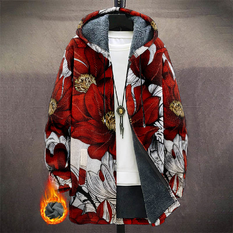 Retro Vivid Red Floral Art Print Unisex Plush Thick Long-sleeved Fleece Jacket Coat - Red - 5XL - image 1