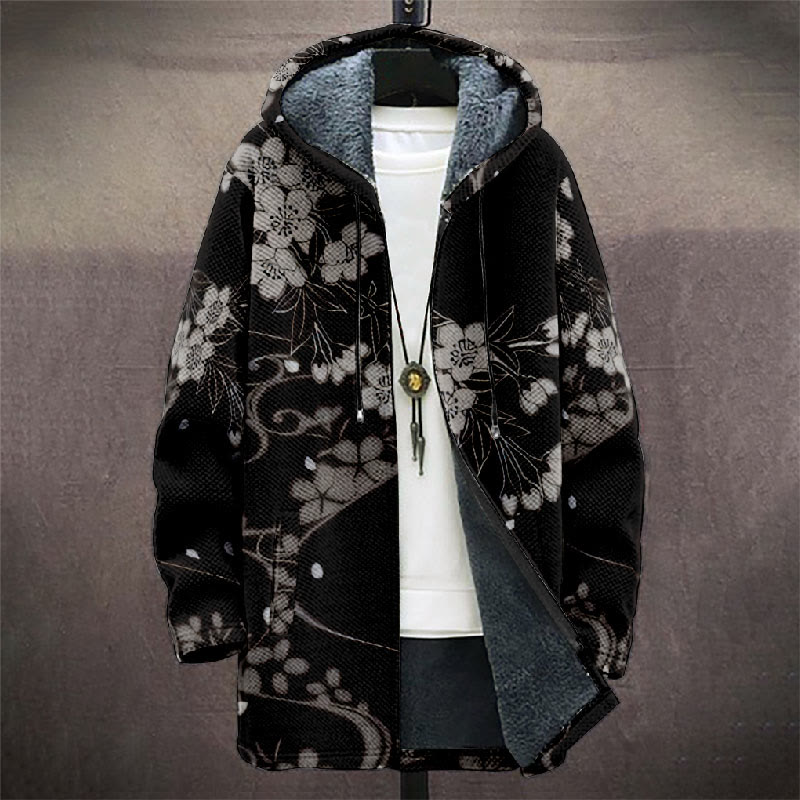Retro Japanese White Sakura Art Print Unisex Plush Thick Long-sleeved Fleece Jacket Coat - image 2