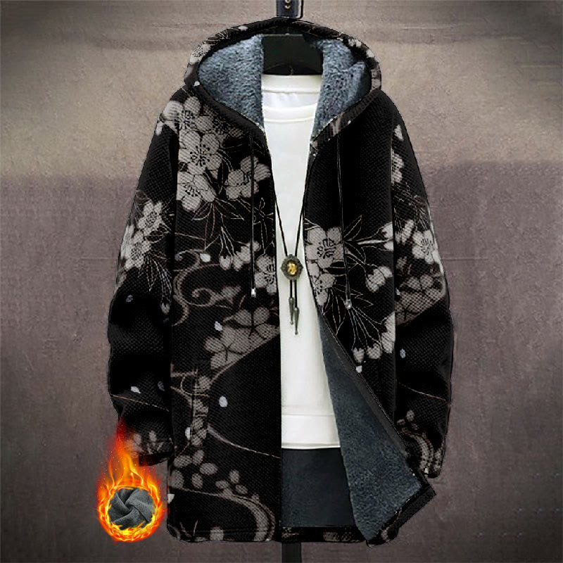 Retro Japanese White Sakura Art Print Unisex Plush Thick Long-sleeved Fleece Jacket Coat - Black - 5XL - image 1