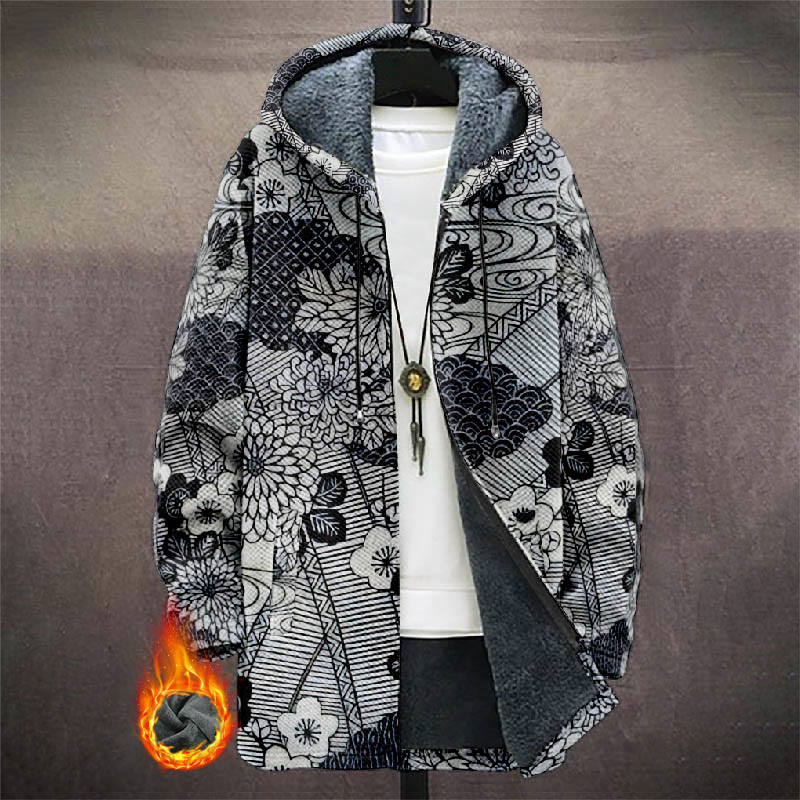 Retro Sketch Drawing Floral Art Print Unisex Plush Thick Long-sleeved Fleece Jacket Coat - Grey - 5XL - image 1