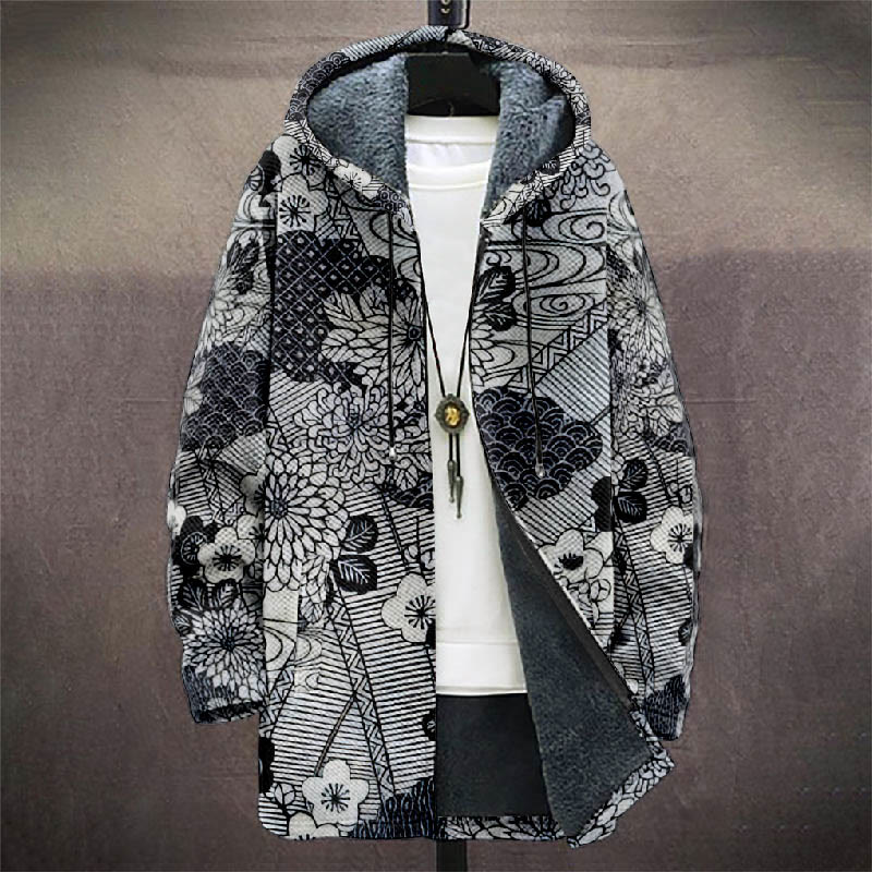 Retro Sketch Drawing Floral Art Print Unisex Plush Thick Long-sleeved Fleece Jacket Coat - image 2