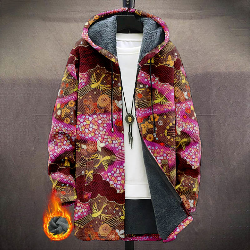 Retro Japanese Phoenix Floral Pattern Print Unisex Plush Thick Long-sleeved Fleece Jacket Coat - Multicolor - 5XL - image 1