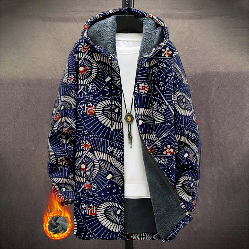 Retro Japanese Mystical Ethnic Pattern Print Unisex Plush Thick Long-sleeved Fleece Jacket Coat - Blue - 5XL - image 1