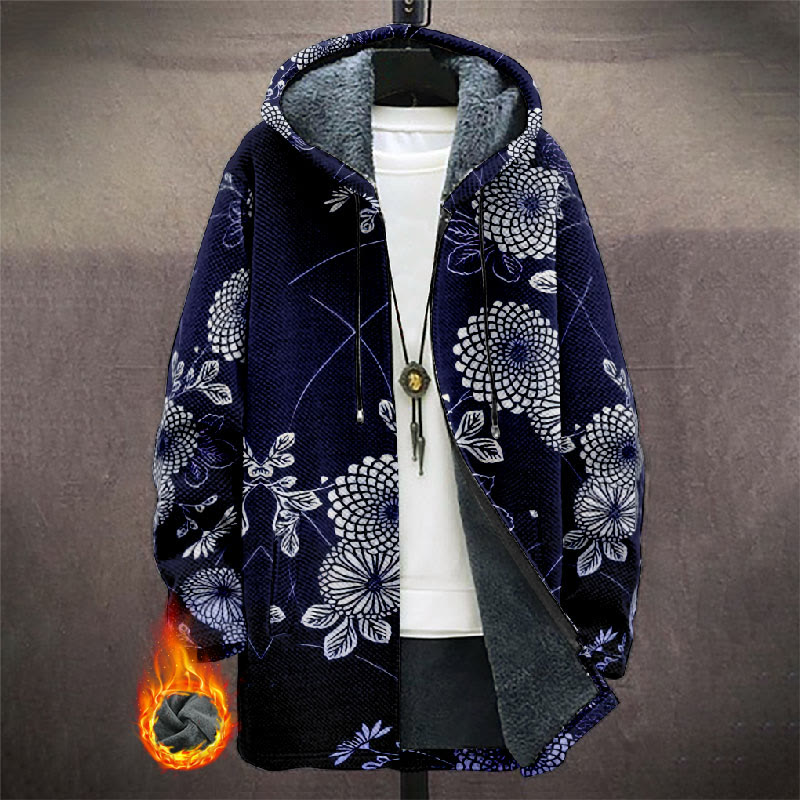 Japanese Retro Sketching Floral Art Print Unisex Plush Thick Long-sleeved Fleece Jacket Coat - Dark Blue - 5XL - image 1