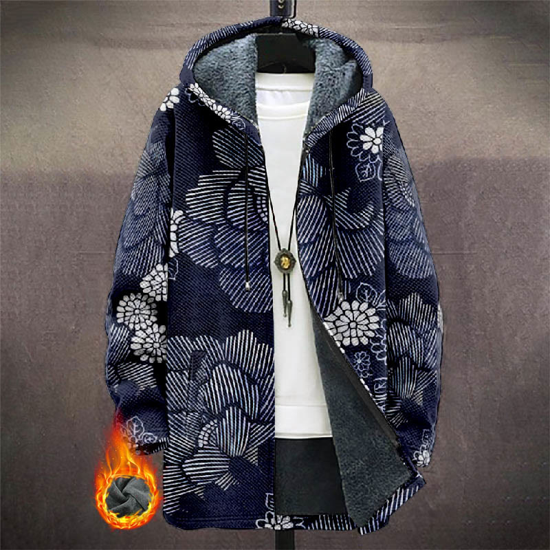 Japanese Retro Watercolor Flower Pattern Print Unisex Plush Thick Long-sleeved Fleece Jacket Coat - Dark Blue - 5XL - image 1