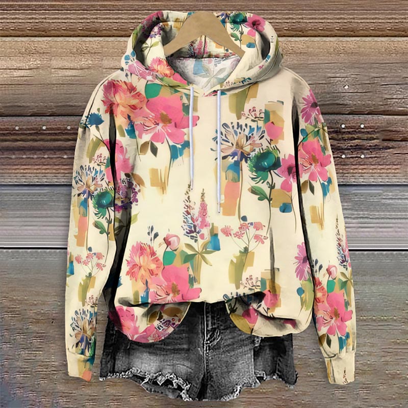 Women's Oil Painting Lovely Floral Art Print Long Sleeve Hoodie - Multicolor - 8XL - image 1