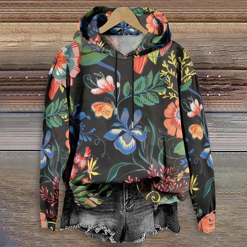 Women's Retro Colorful Floral Art Print Long Sleeve Hoodie - Multicolor - 8XL - image 1