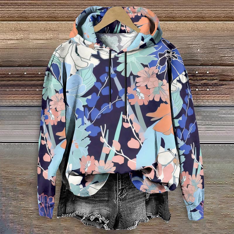 Women's Watercolor Floral Leaf Art Print Long Sleeve Hoodie - Multicolor - 8XL - image 1