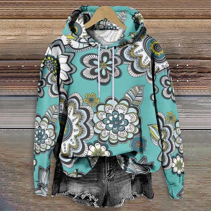 Women's Watercolor Vivid Cartoon Flower Pattern Print Long Sleeve Hoodie - Green - 8XL - image 1