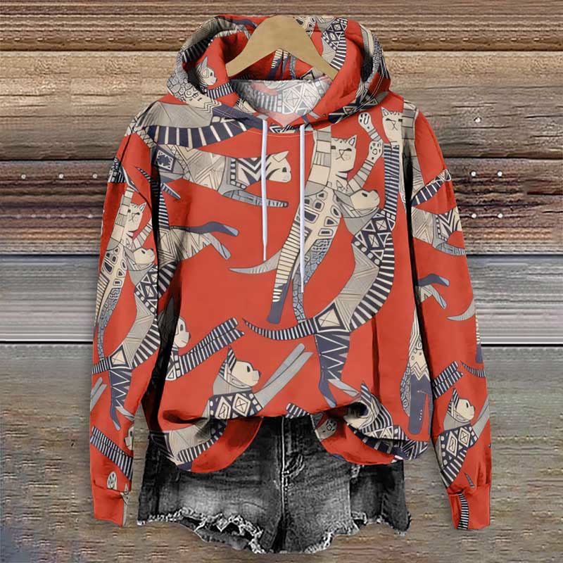 Women's Creative Cats Patchwork Art Print Long Sleeve Hoodie - Orange - 8XL - image 1