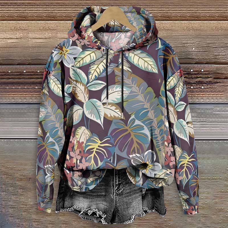 Women's Lovely Watercolor Leaves Art Print Long Sleeve Hoodie - Multicolor - 8XL - image 1
