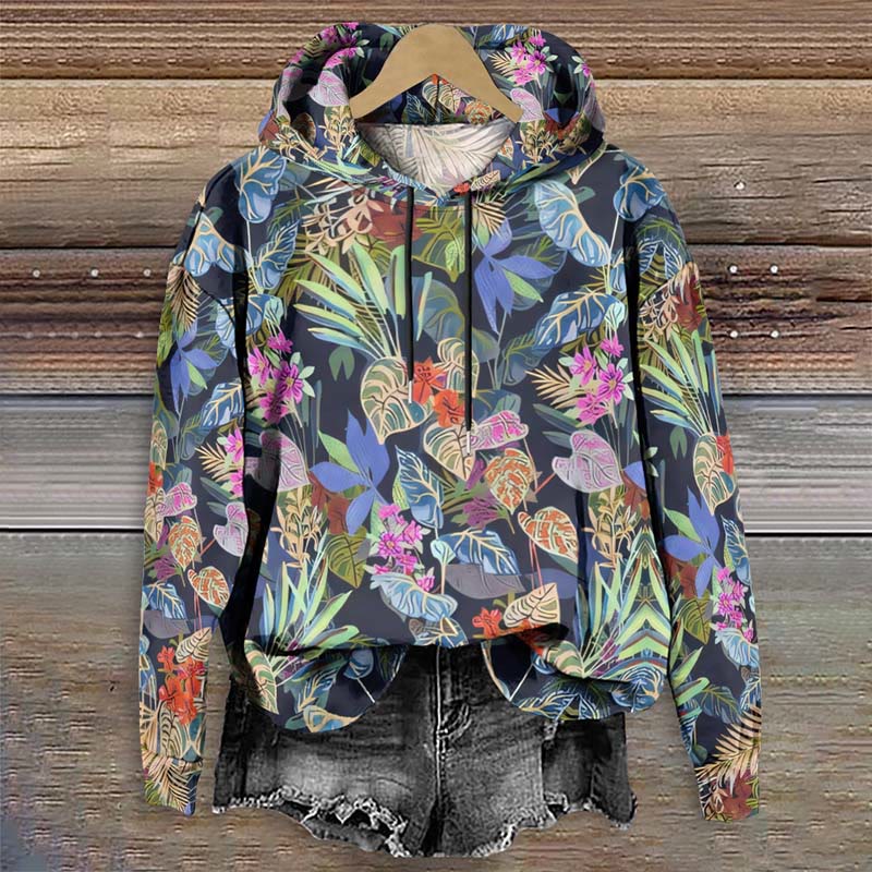 Women's Colorful Leaf Pattern Print Long Sleeve Hoodie - Multicolor - 8XL - image 1