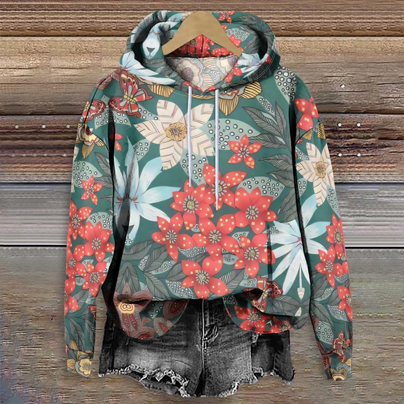 Women's Lovely Floral ＆ Butterfly Art Print Long Sleeve Hoodie - Multicolor - 8XL - image 1