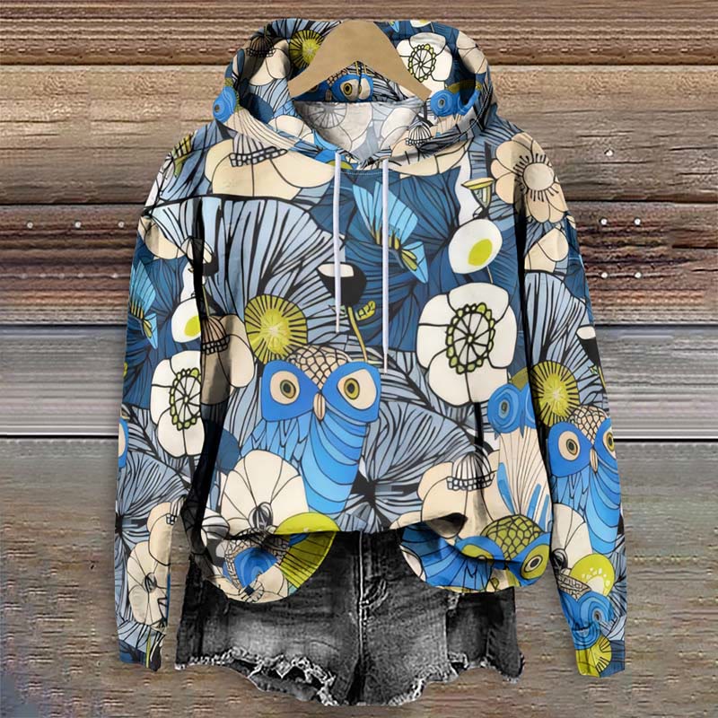 Women's Creative Birds And Flowers Pattern Print Long Sleeve Hoodie - Multicolor - 8XL - image 1