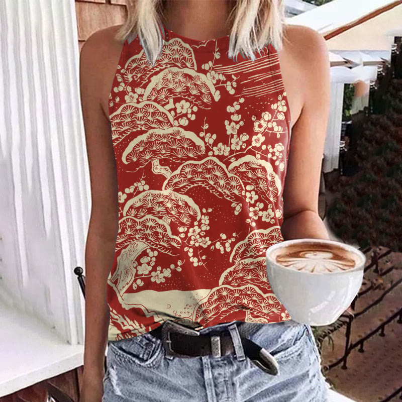 Women's Japanese Art Plum Blossom Art Print Crew Neck Tank Top - Red - 5XL - image 1