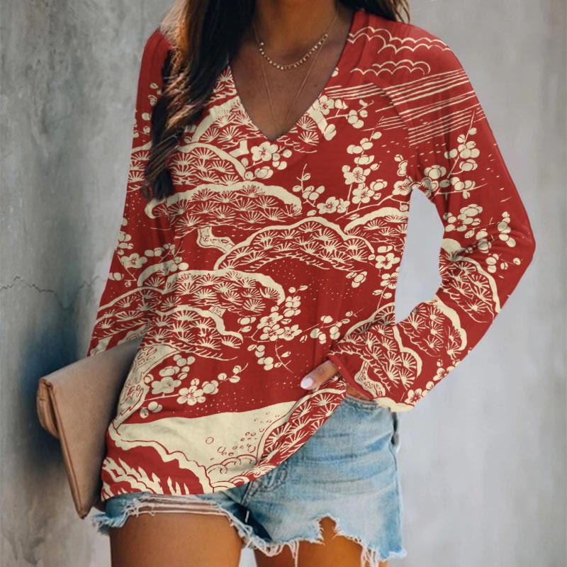 Women's Japanese Art Plum Blossom Art Print V-neck Long Sleeve T-shirt - Red - 5XL - image 1