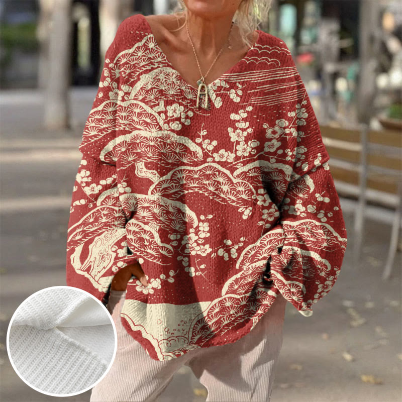 Women's Japanese Art Plum Blossom Art Print V-neck Pullover Sweater - Red - 6XL - image 1