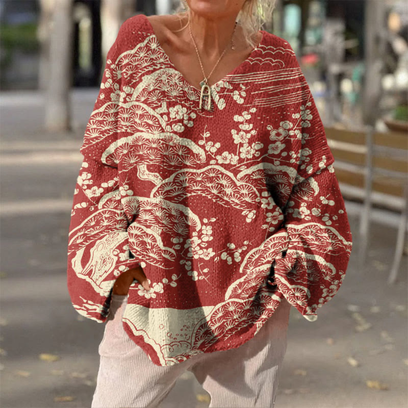 Women's Japanese Art Plum Blossom Art Print V-neck Pullover Sweater - image 2