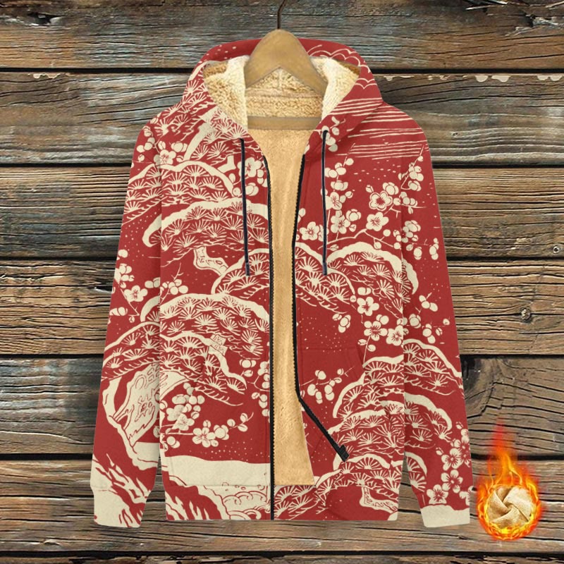 Women's Japanese Art Plum Blossom Art Print Fleece Jacket - Red - 4XL - image 1