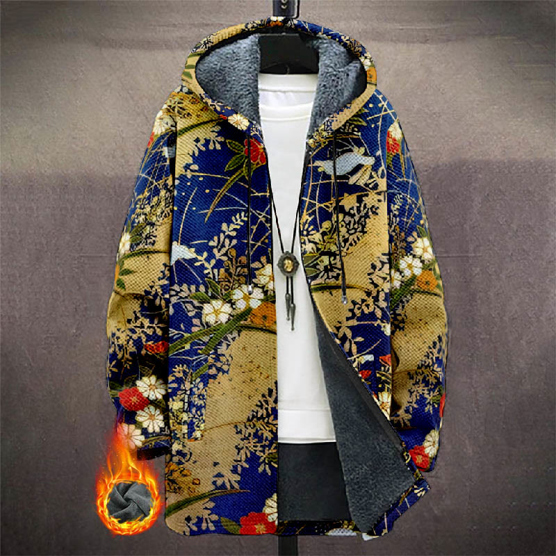 Retro Japanese Watercolor Floral Print Unisex Plush Thick Long-sleeved Fleece Jacket Coat - Multicolor - 5XL - image 1