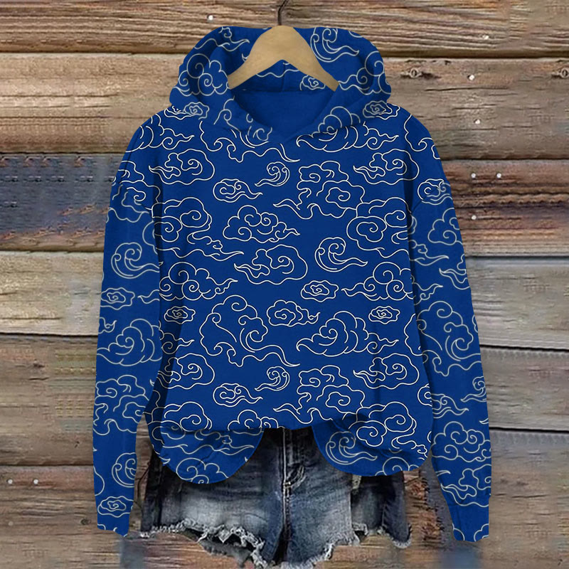 Women's Retro Japanese Line Cloud Sea Art Print Long Sleeve Hoodie - Royal Blue - 8XL - image 1