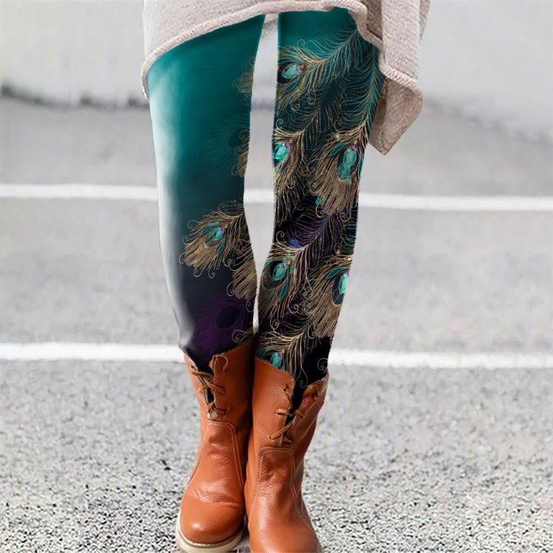 Peacock Feather Art Print Print Leggings - Lake Blue - 5XL - image 1