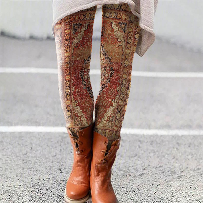 Women's Retro Ethnic Pattern Print Print Leggings - Red - 5XL - image 1