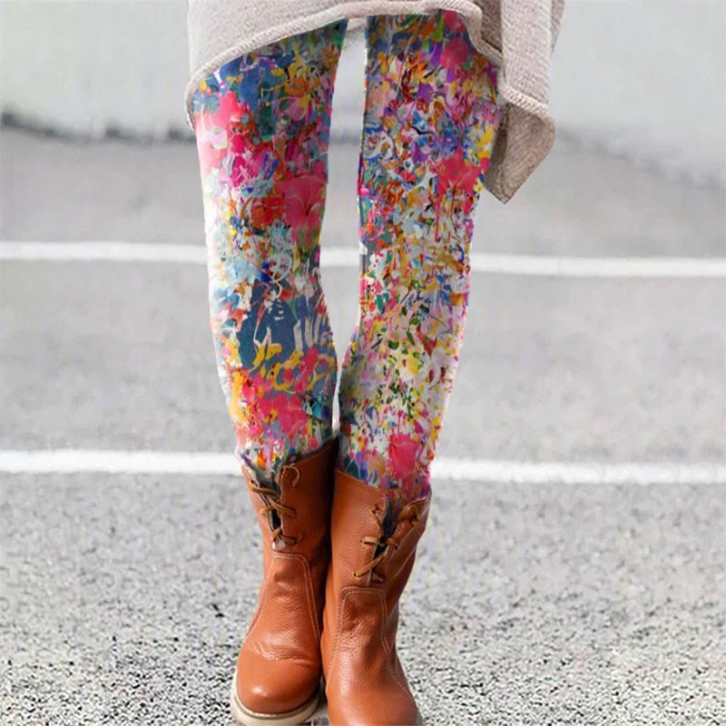 Oil Painting Fresh Flowers Vibrant Graffiti Print Print Leggings - Multicolor - 5XL - image 1