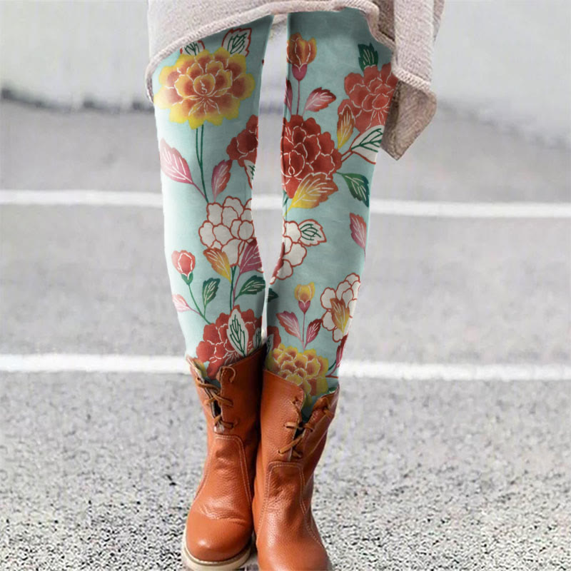 Vintage Peony Art Print Print Leggings - Multicolor - 5XL - image 1