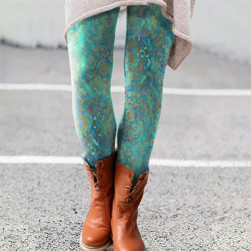 Women's Vintage Ethnic Art Print Print Leggings - Lake Blue - 5XL - image 1