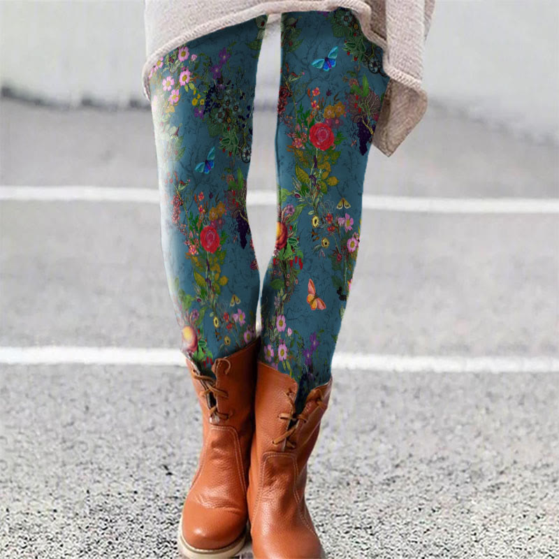Women's Vintage Floral Art Print Print Leggings - Blue - 5XL - image 1