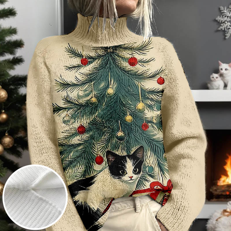 Women's Lovely Cat & Christmas Tree Bells Print Turtleneck Pullover Sweater - Apricot - 4XL - image 1
