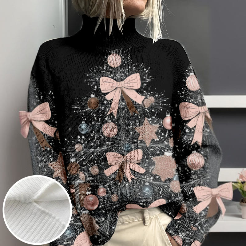 Women's Christmas Tree With Bow Tie And Bells Print Turtleneck Pullover Sweater - Pink - 4XL - image 1
