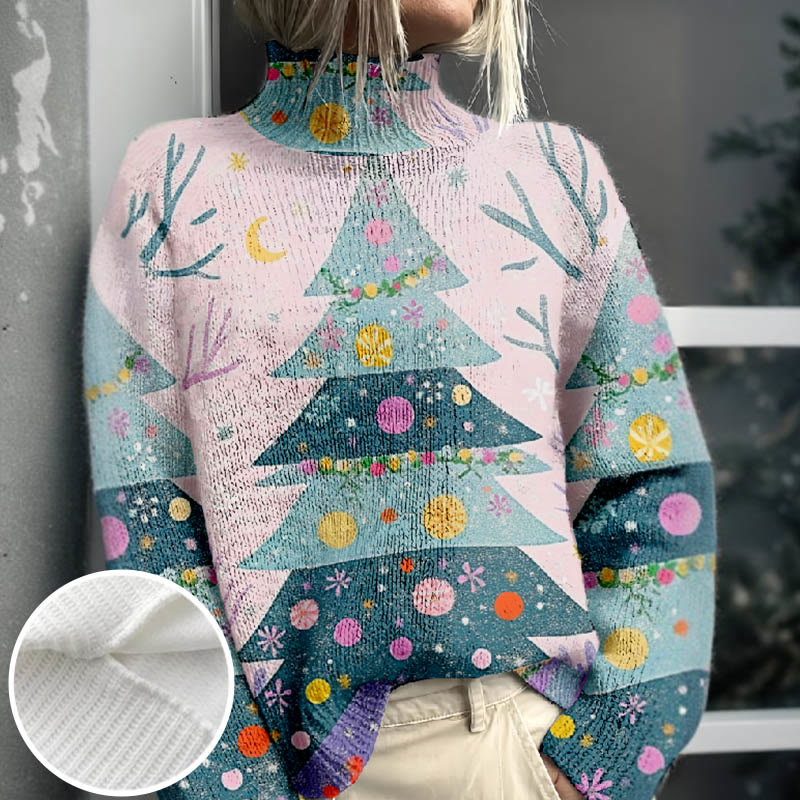 Women's Cute Cartoon Christmas Tree Print Turtleneck Pullover Sweater - Pink - 4XL - image 1
