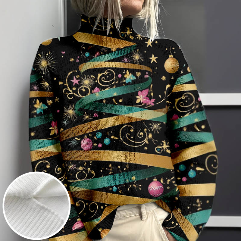 Women's Gypsophila Fantasy Christmas Night Print Turtleneck Pullover Sweater - Black - 4XL - image 1
