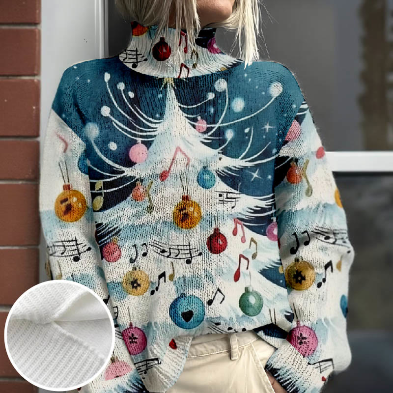 Women's Snowy Christmas Tree With Colorful Bells Print Turtleneck Pullover Sweater - Multicolor - 4XL - image 1