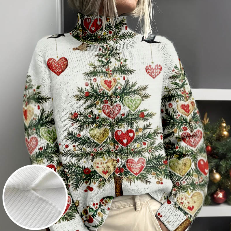 Women's Lovely Heart Shaped Christmas Tree Print Turtleneck Pullover Sweater - Multicolor - 4XL - image 1