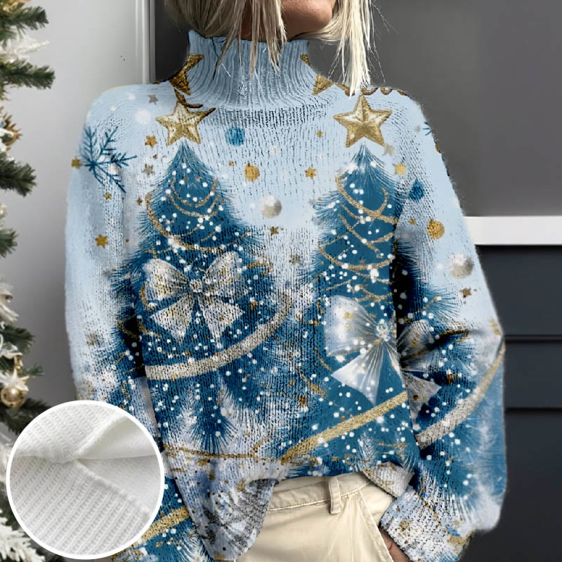 Women's Starry Bow-tie Christmas Tree Print Turtleneck Pullover Sweater - Blue - 4XL - image 1