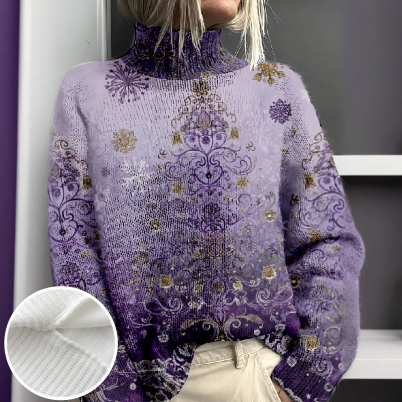 Women's Abstract Christmas Tree ＆ Snowflake Print Turtleneck Pullover Sweater - Purple - 4XL - image 1