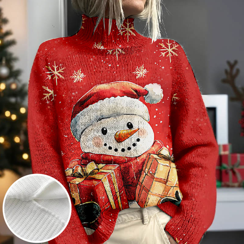 Women's Lovely Snowman With Gifts Print Turtleneck Pullover Sweater - Red - 4XL - image 1