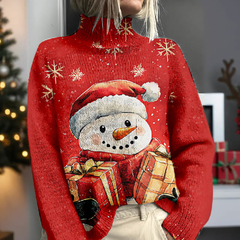 Women's Lovely Snowman With Gifts Print Turtleneck Pullover Sweater - image 2