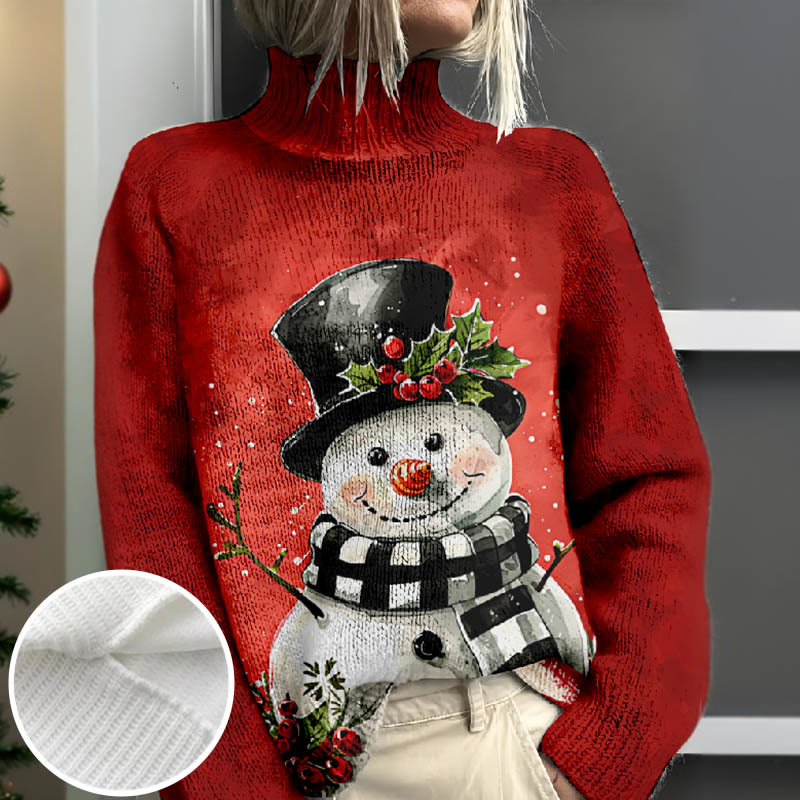 Women's Funny Gentle Snowman Pattern Print Turtleneck Pullover Sweater - Red - 4XL - image 1