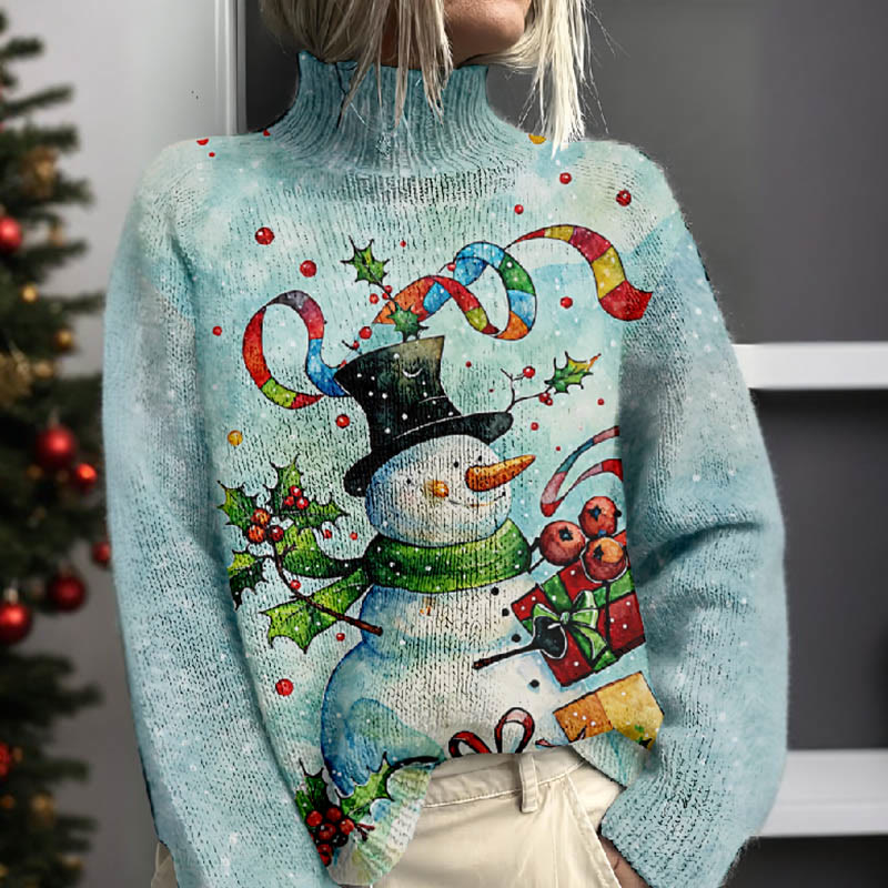 Women's Lovely Scarf Snowman With Streamer Print Turtleneck Pullover Sweater - image 2