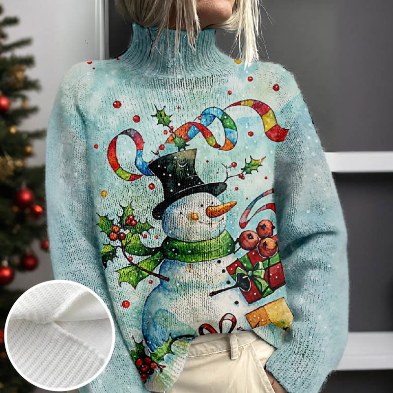 Women's Lovely Scarf Snowman With Streamer Print Turtleneck Pullover Sweater - Mint - 4XL - image 1